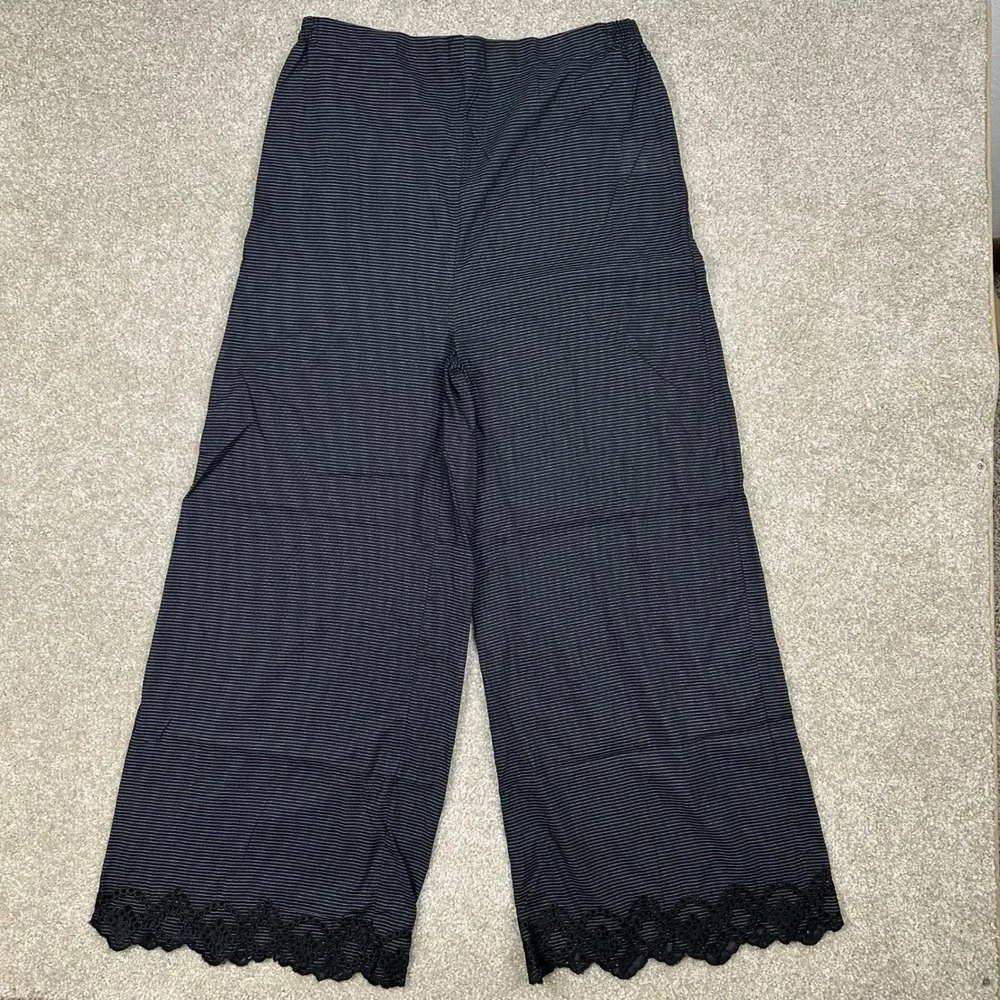 Khaadi Black Striped Wide Leg Pants Eyelet Lace Hem Cotton Blend Trousers